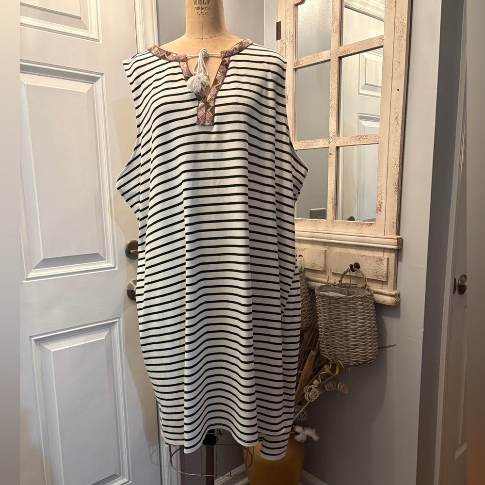 Ava & Viv Black‎ and White Striped Cotton blend High Low Dress Vacay Comfortable